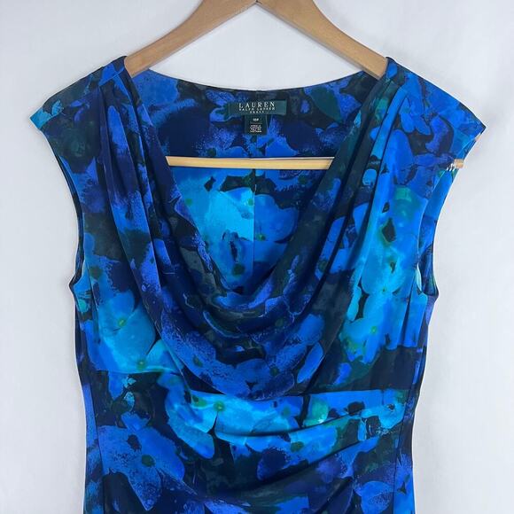 Ralph Lauren Womens 10 Blue Floral Cowl Drape Neck Side Ruched Sleeveless Dress - Picture 3 of 7